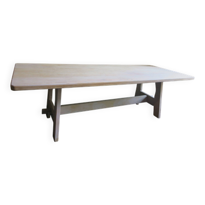 Grande table à tréteaux de ferme en chêne cérusé, années 40-50