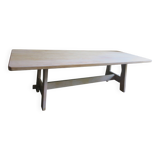 Large farmhouse trestle table in limed oak, 1940s-50s