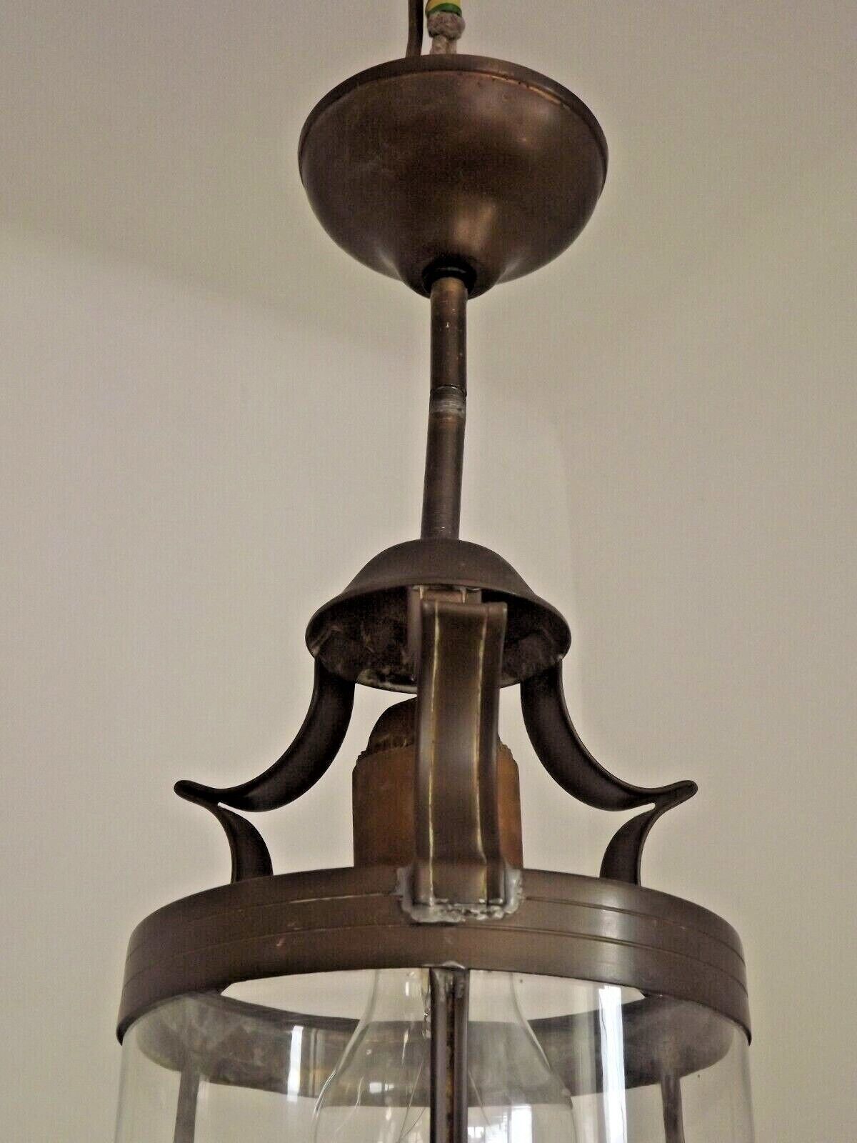 Vintage French Round Hall Lantern In Copper With Cylindrical Glass Shade 3681