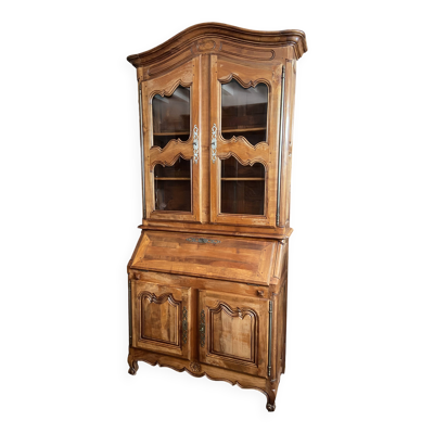 Grand scriban bibliothèque bureau en noyer massif style Louis XV