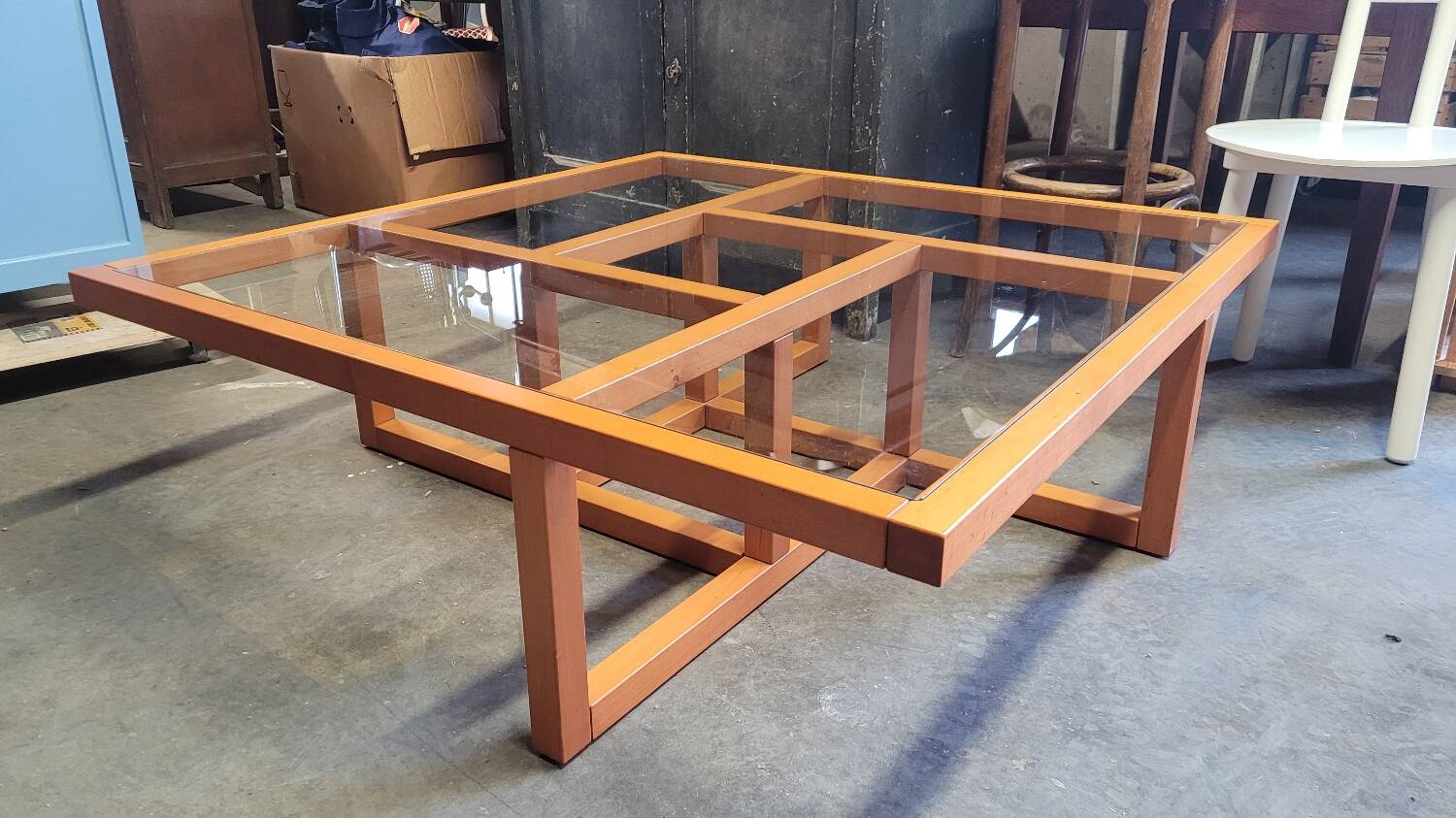 Modernist vintage square coffee table, in wood and old glass
