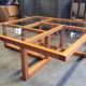 Modernist vintage square coffee table, in wood and old glass