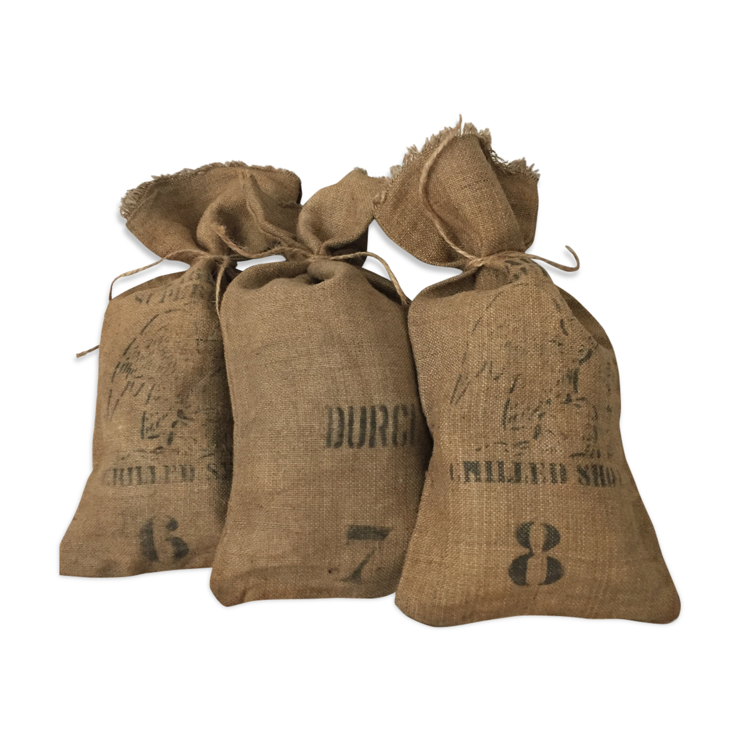 Set of three small jute bags, hardened lead