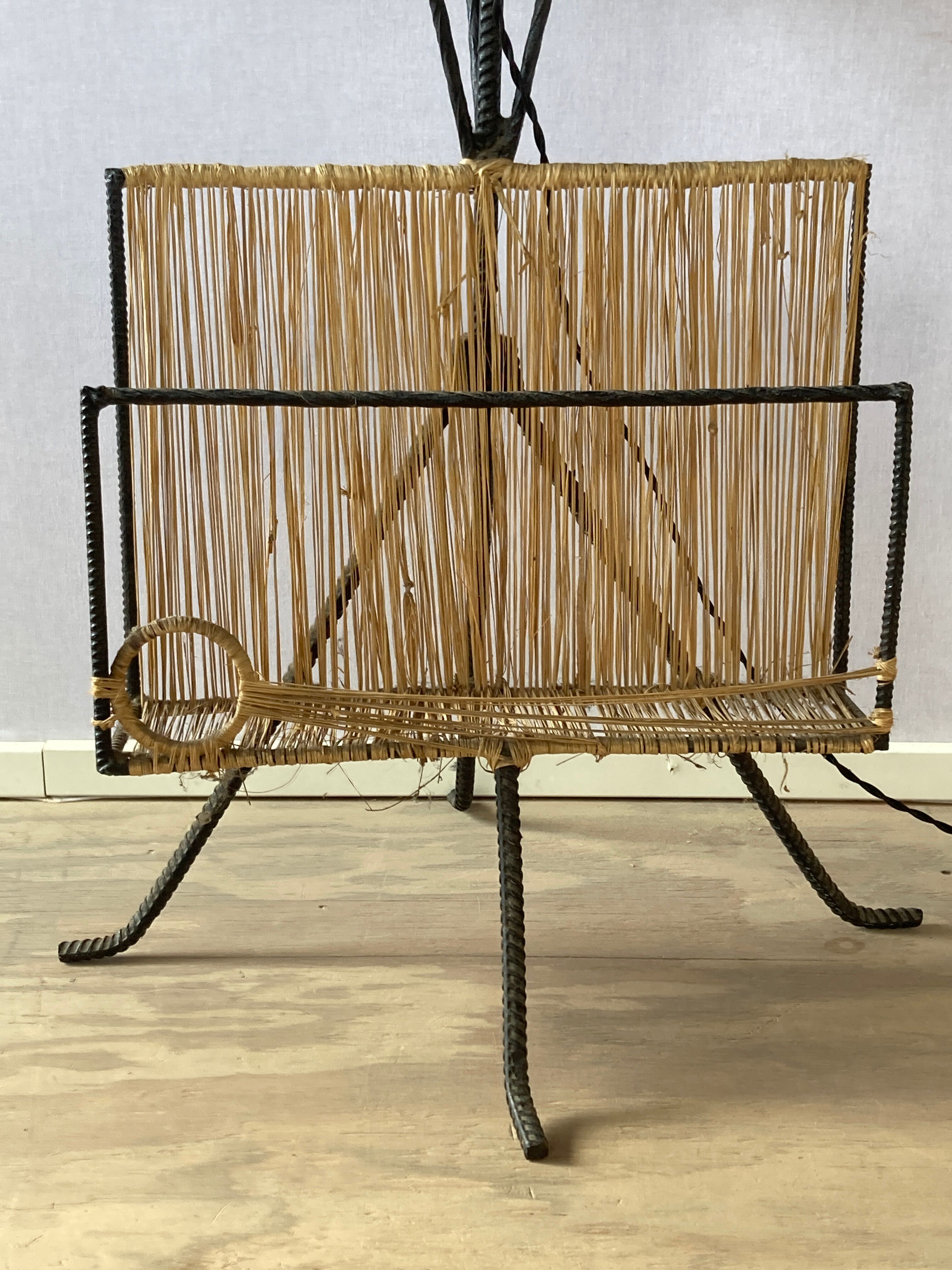Wrought iron floor lamp with magazine holder and sisal shade, 1950s