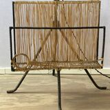 Wrought iron floor lamp with magazine holder and sisal shade, 1950s