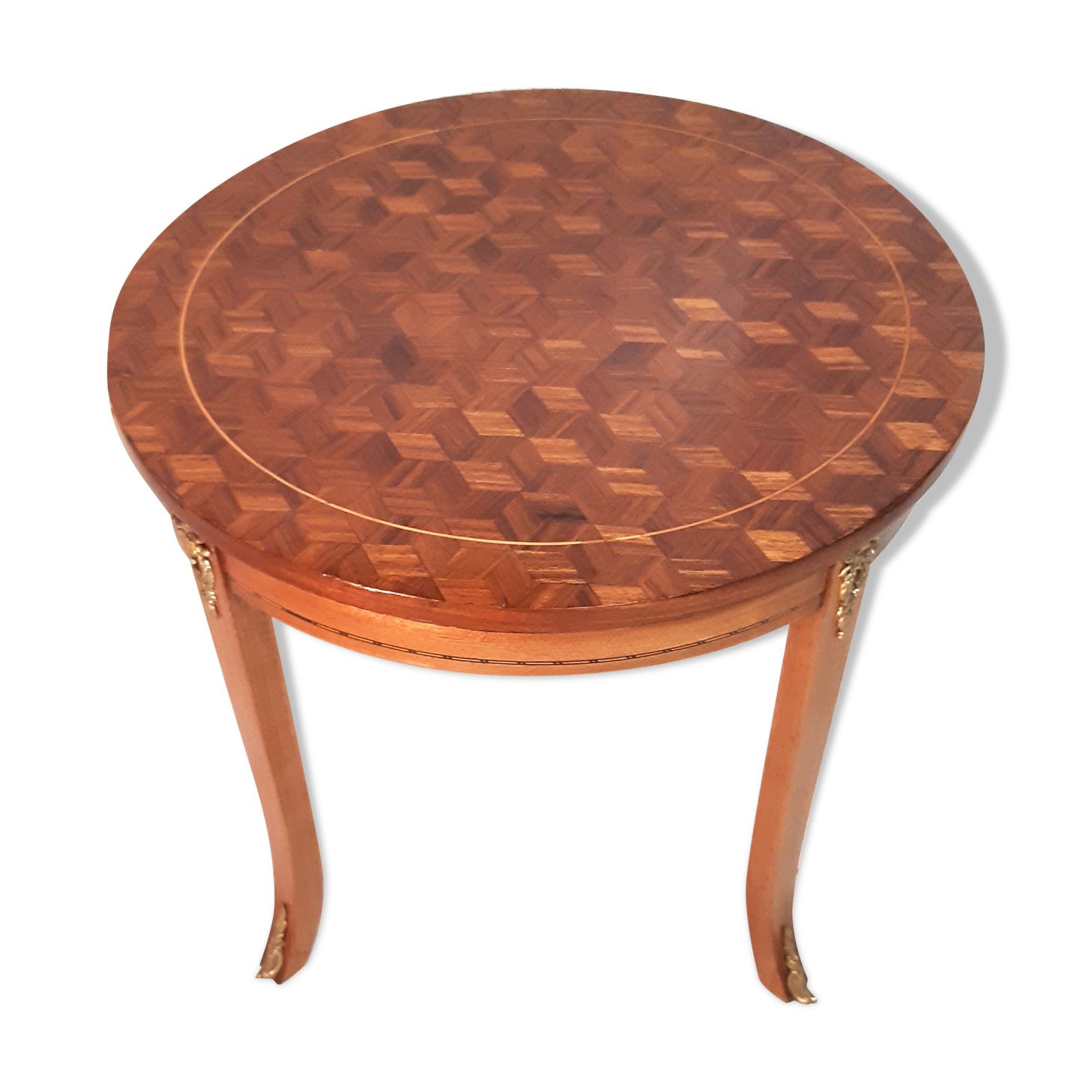 Round coffee table Louis XVI style markerage in checkerboard cubes, nineteenth century