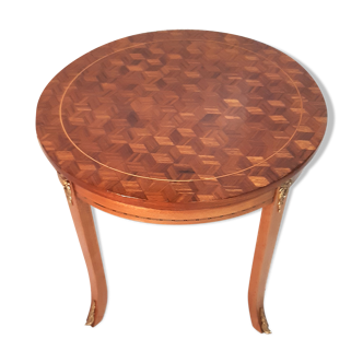Table basse ronde style Louis XVI marqueterie en damier de cubes, époque XIXè