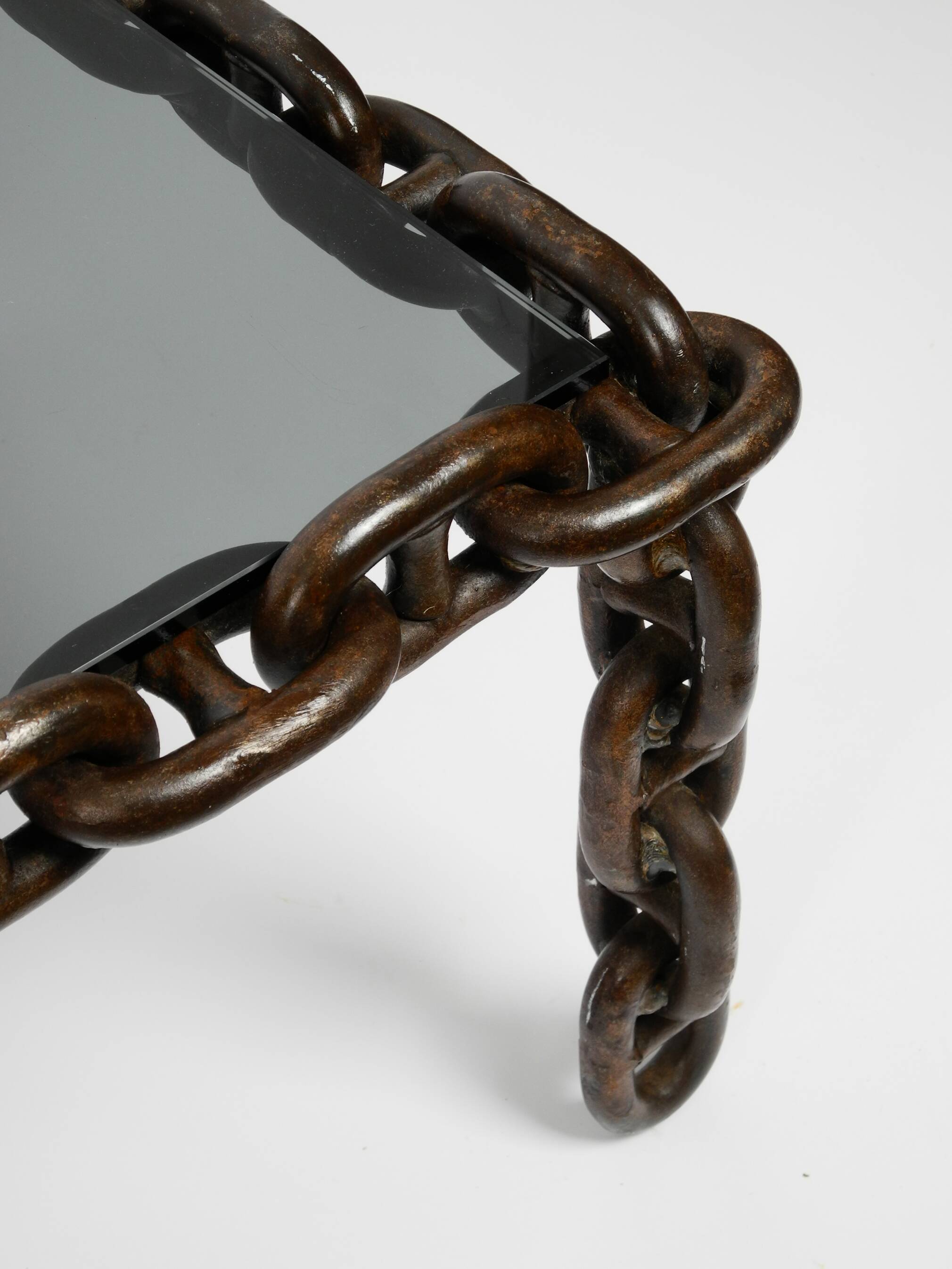 1970s XL Coffee Table Made of Nautical Iron Chain and a Thick Smoked Glass