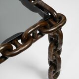 1970s XL Coffee Table Made of Nautical Iron Chain and a Thick Smoked Glass