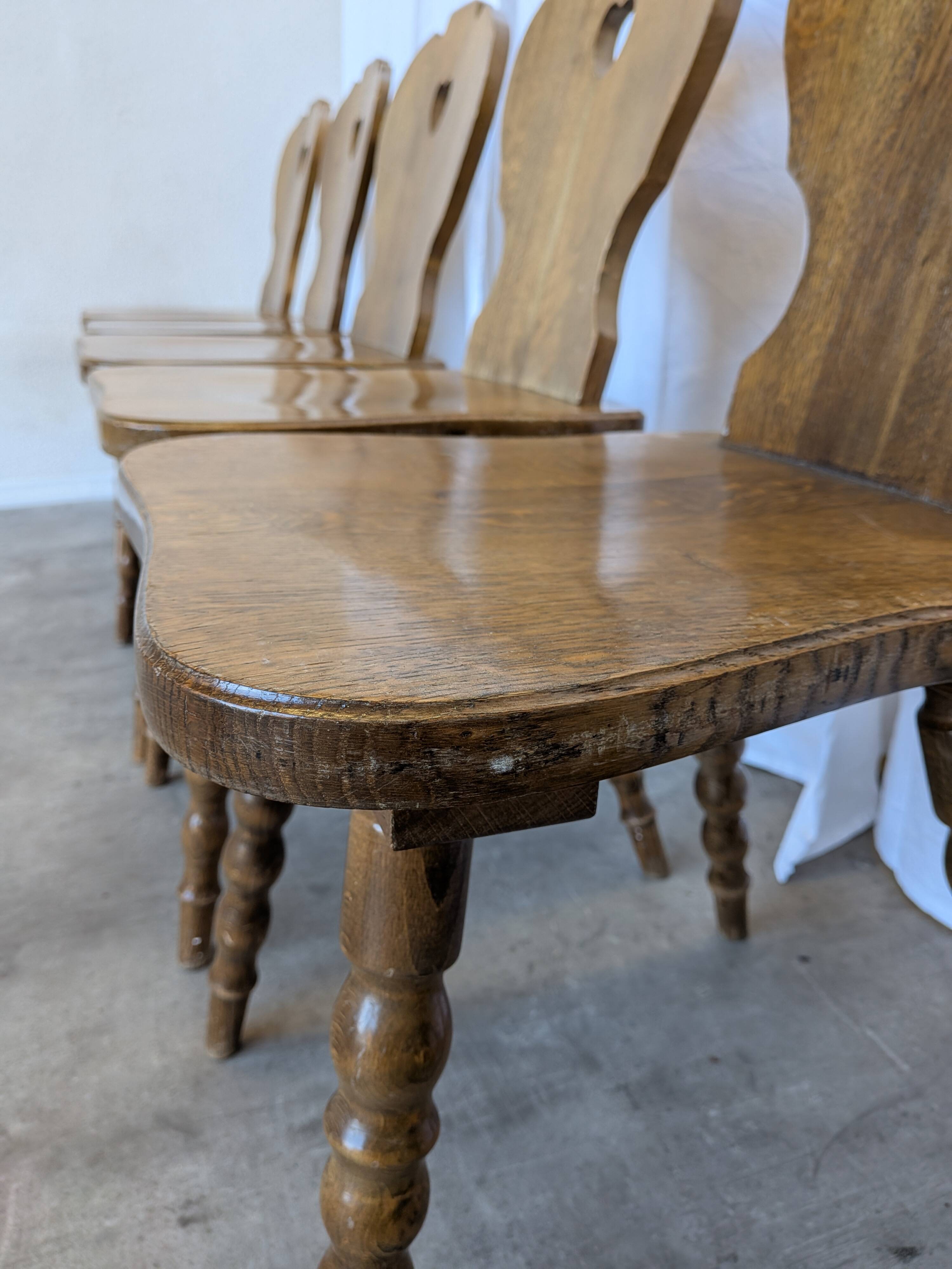 Set of 6 Vintage Tyrolean Heart Cutout Wooden Dining Chairs / Darker Brown