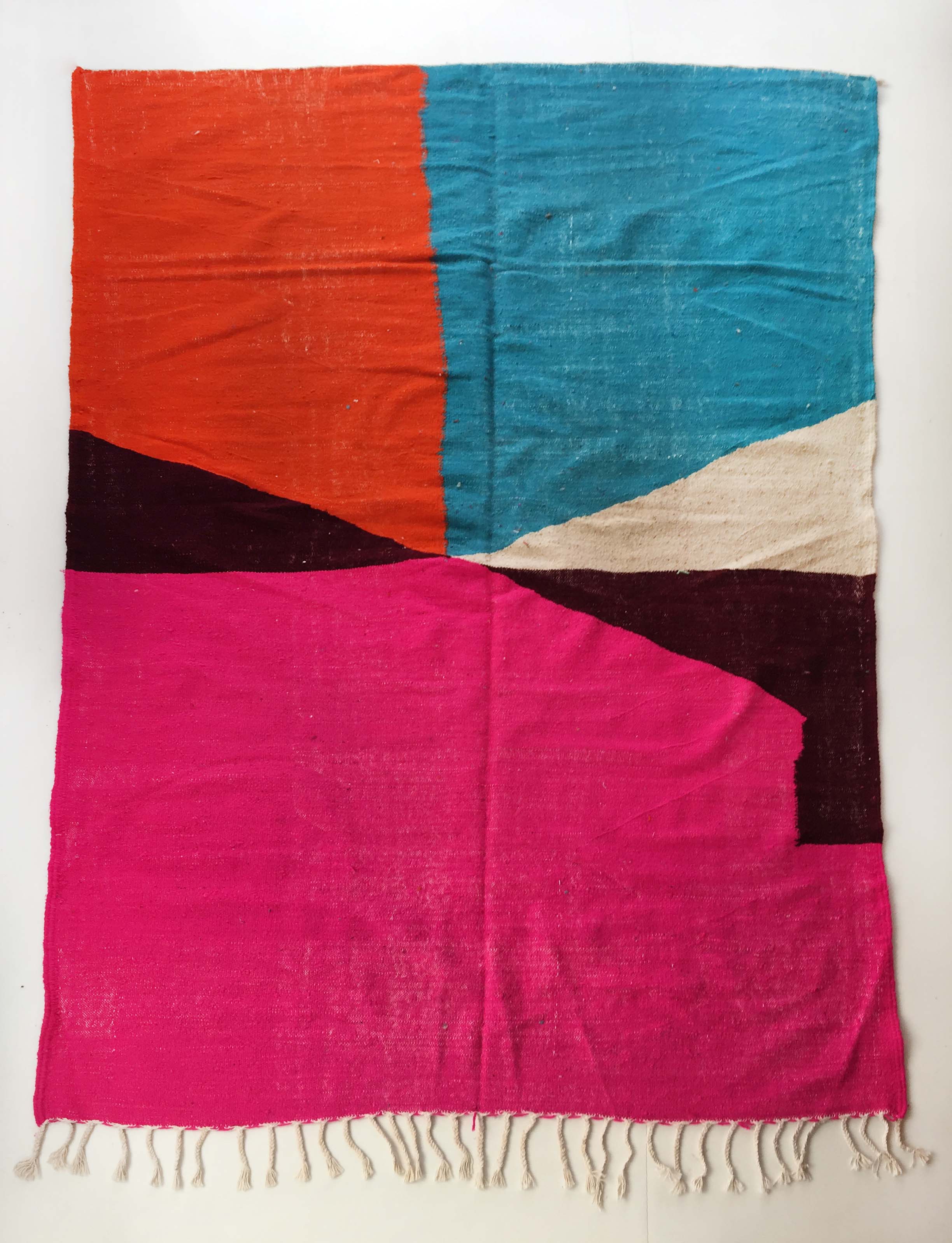 Unbleached Moroccan Berber Kilim carpet with colored flats and fluorescent 294x190cm