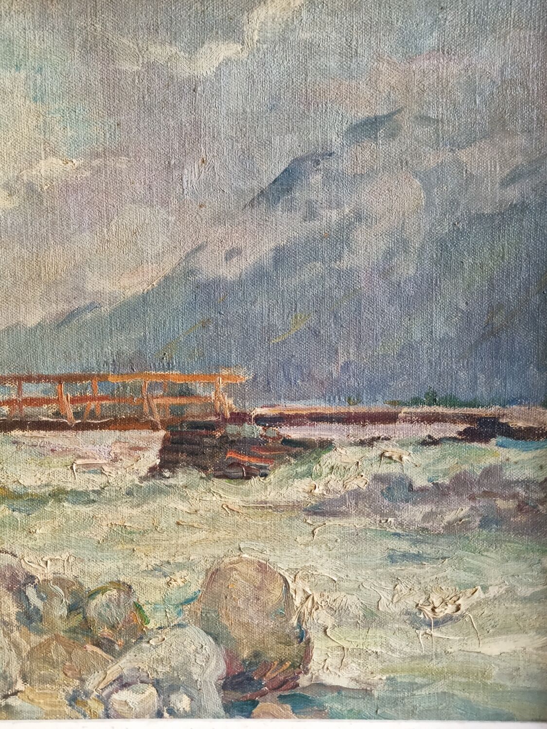 Georges Lemmers, oil on canvas, the bridge in the mountains