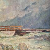 Georges Lemmers, oil on canvas, the bridge in the mountains