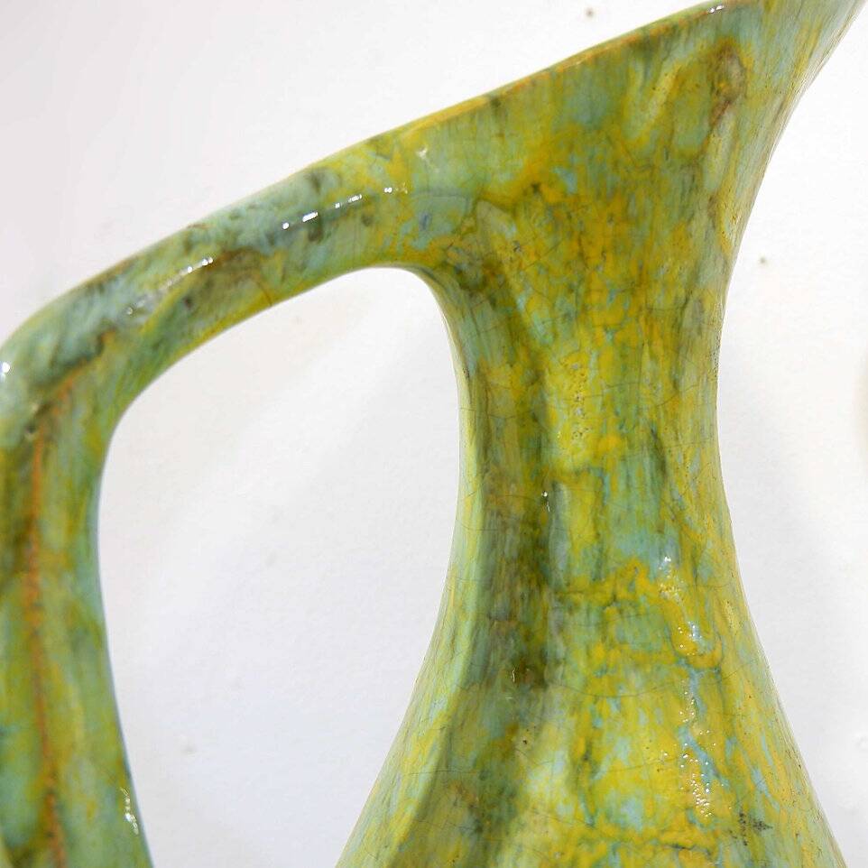Mid century large green ceramic spout jug - H:54cm