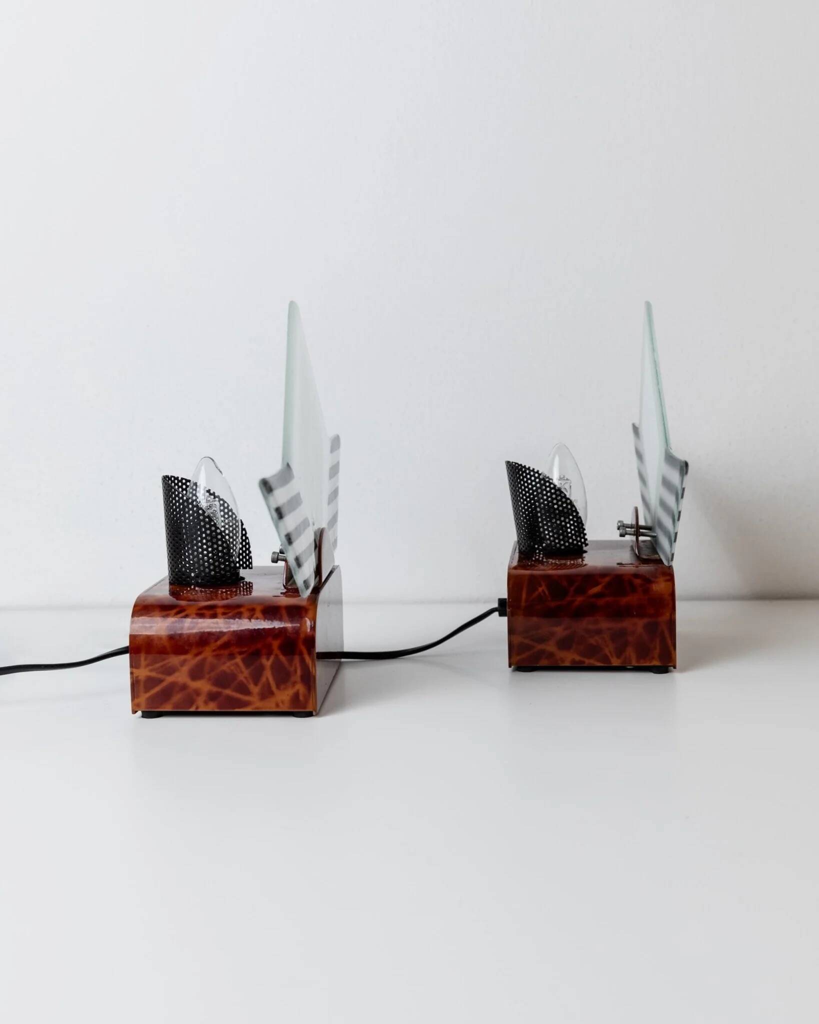 Pair of vintage Murano glass table lamps - sculptural design, triangles and stripes, brown metal bases - Italy 1980s - bedside lamps