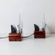 Pair of vintage Murano glass table lamps - sculptural design, triangles and stripes, brown metal bases - Italy 1980s - bedside lamps