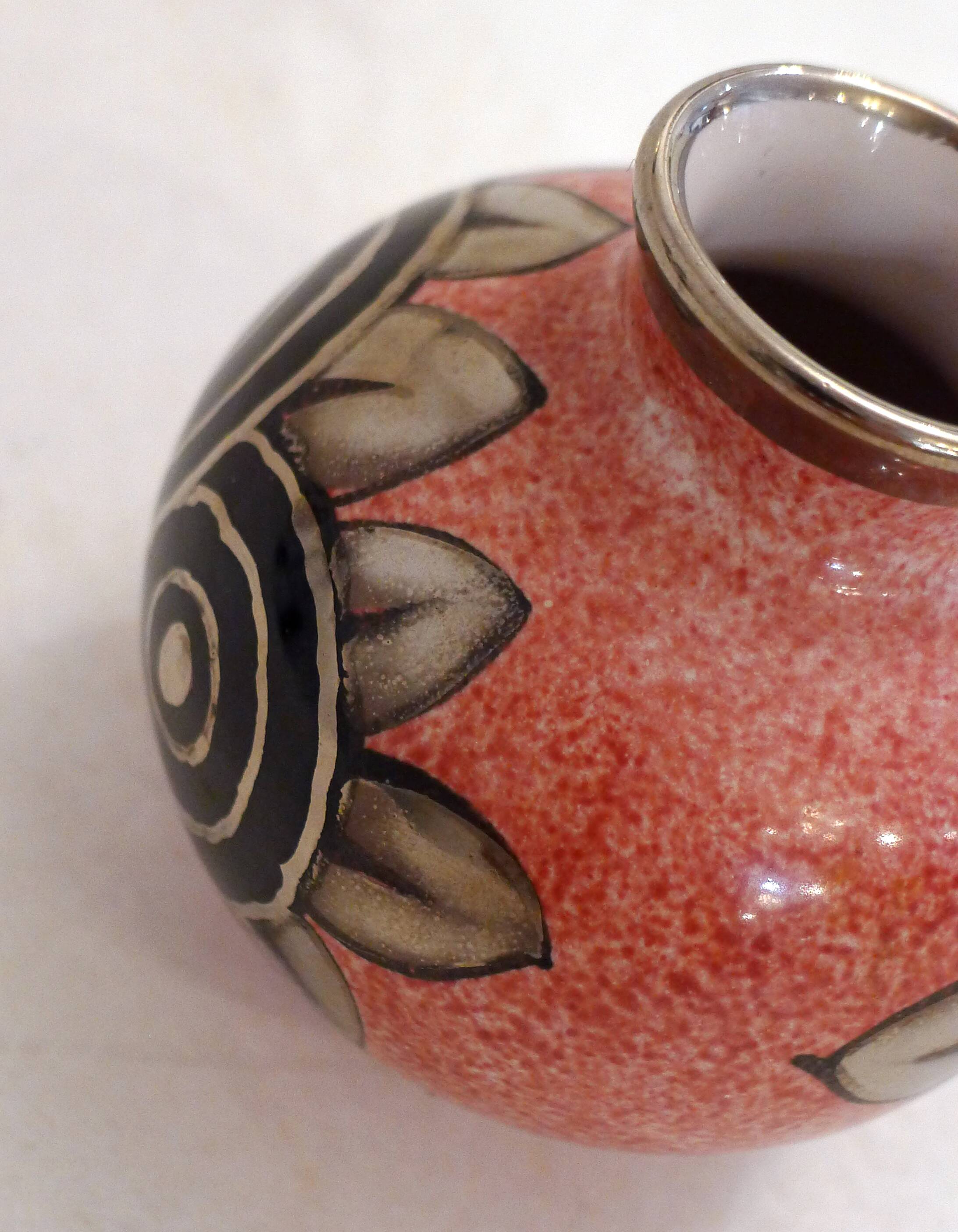Small Art Deco round vase signed A. Renoleau, stylised floral decoration 1920s.