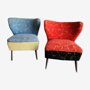 Pair of vintage  armchair, retro look 70s, red and blue