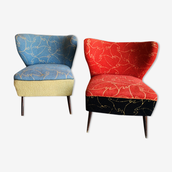 Paire de fauteuil vintage, look retro années 70, rouge et bleu