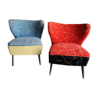 Pair of vintage  armchair, retro look 70s, red and blue