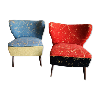 Paire de fauteuil vintage, look retro années 70, rouge et bleu