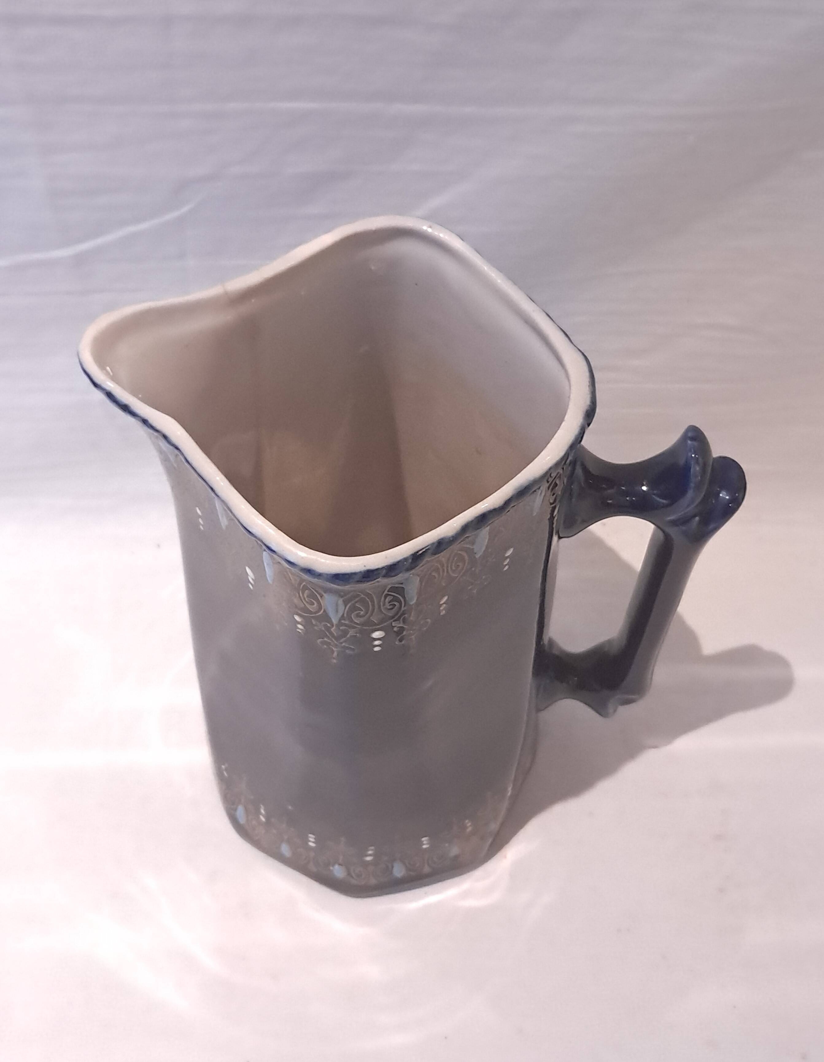 Antique Cobalt Blue Earthenware Jug With Enamelled Decor