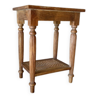 Vintage wooden and wicker side table