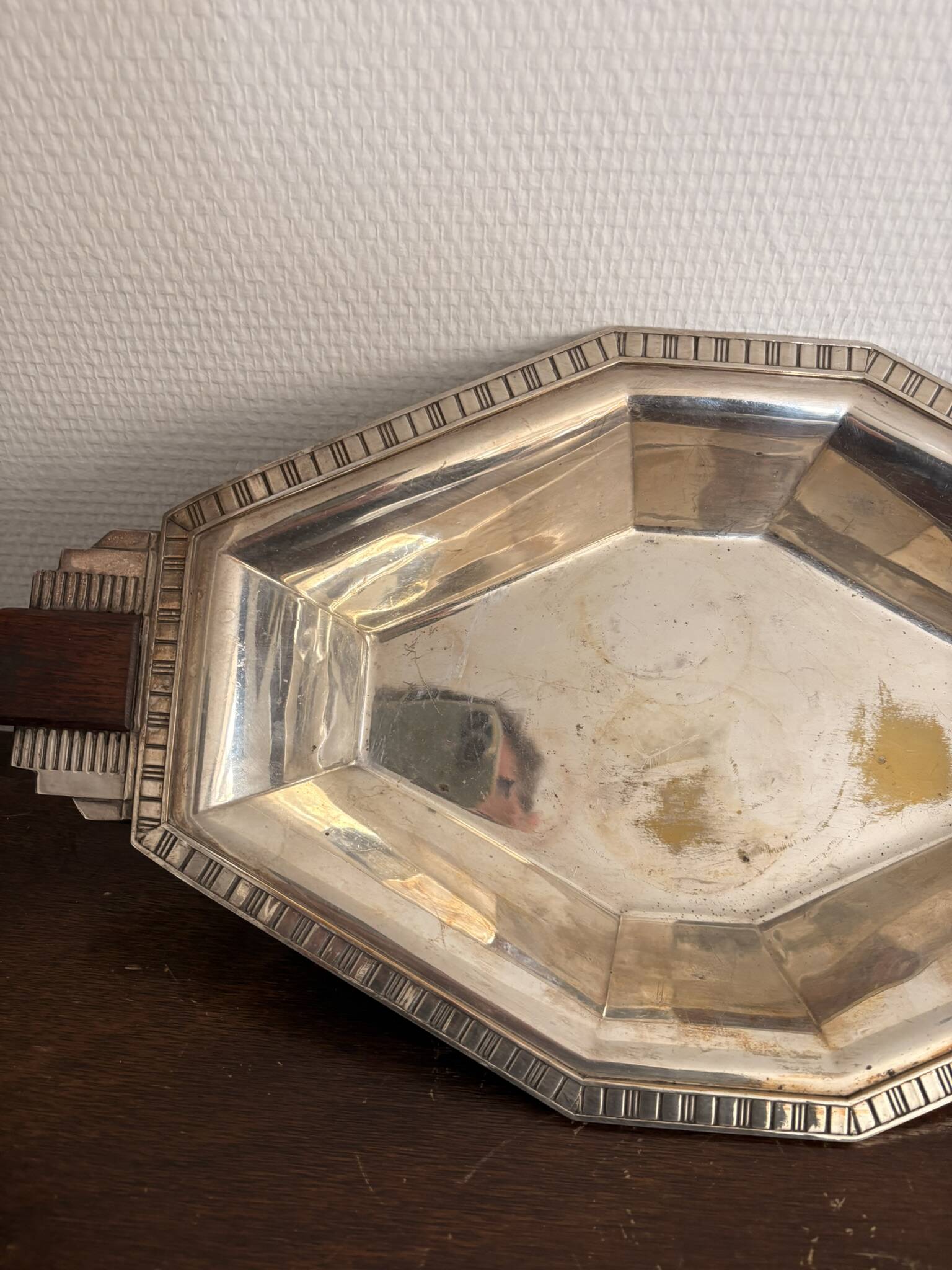 Plateau Flat Basket Bread Fruit Vegetable Art Deco Silver Metal