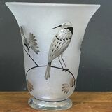 Vase Daum Nancy France - Oiseau Branché Réserve with acid enhanced with black enamel