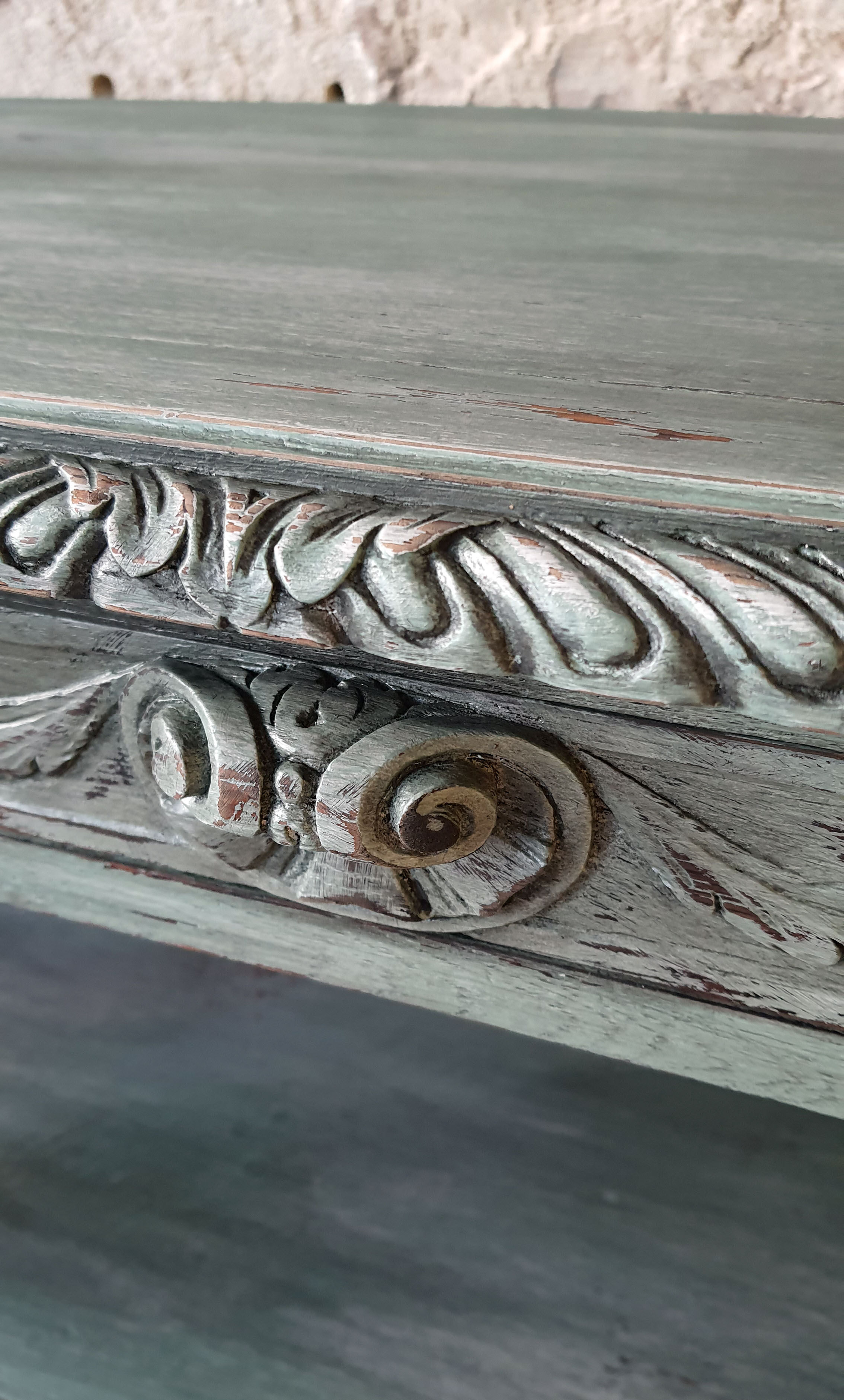 Console Louis XIV shabby chic - sage green patina