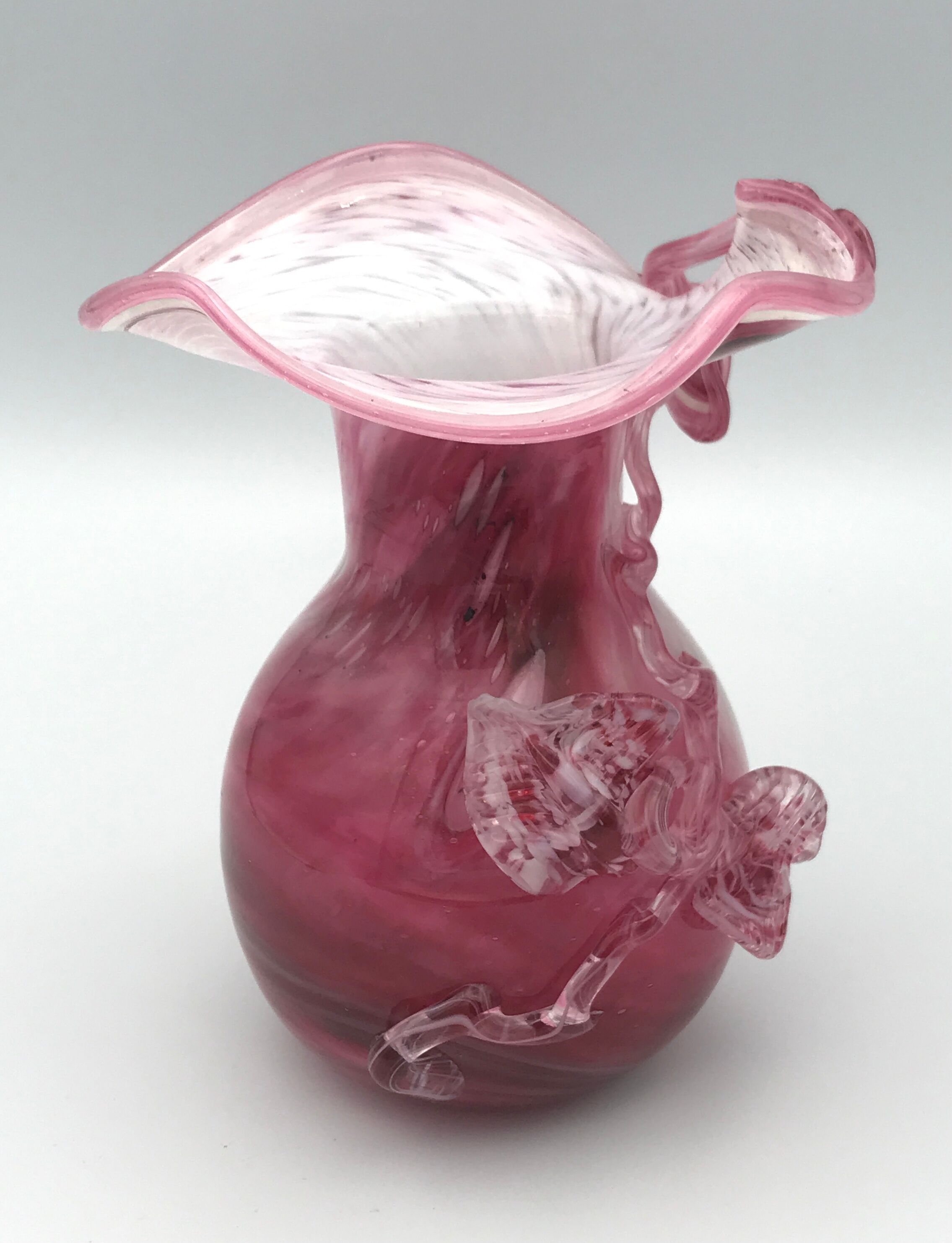 Hand-blown glass vase pink shade with sculptural leaf decor