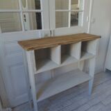 Vintage craft console furniture in pitch pine sublimated in a linen shade.