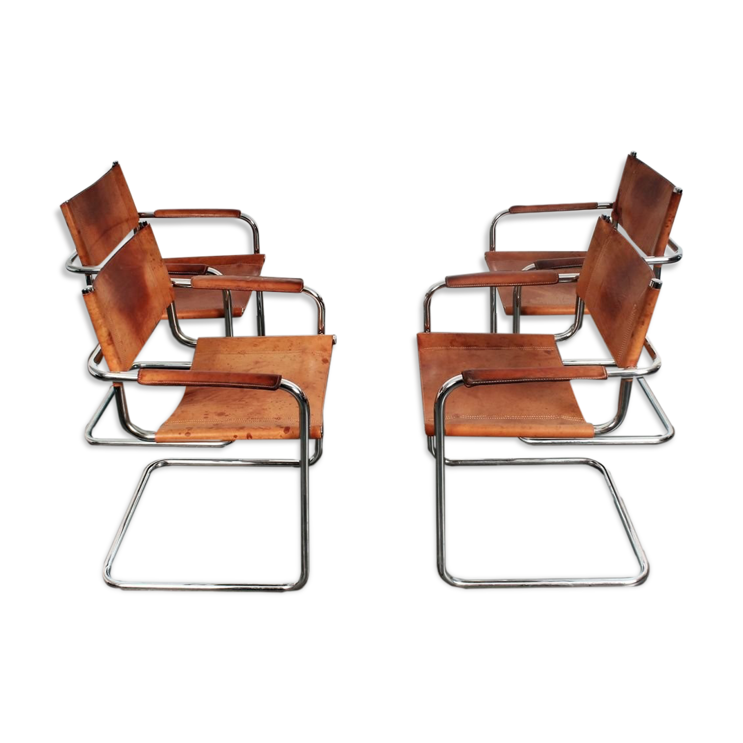 Set of 4 S34 style dining chairs in vintage cognac saddle leather by Mart Stam - Marcel Breuer