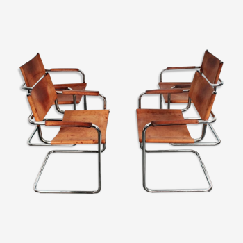 Set of 4 S34 style dining chairs in vintage cognac saddle leather by Mart Stam - Marcel Breuer