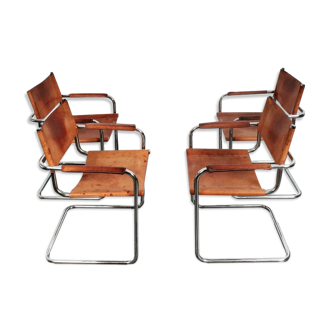 Set of 4 S34 style dining chairs in vintage cognac saddle leather by Mart Stam - Marcel Breuer