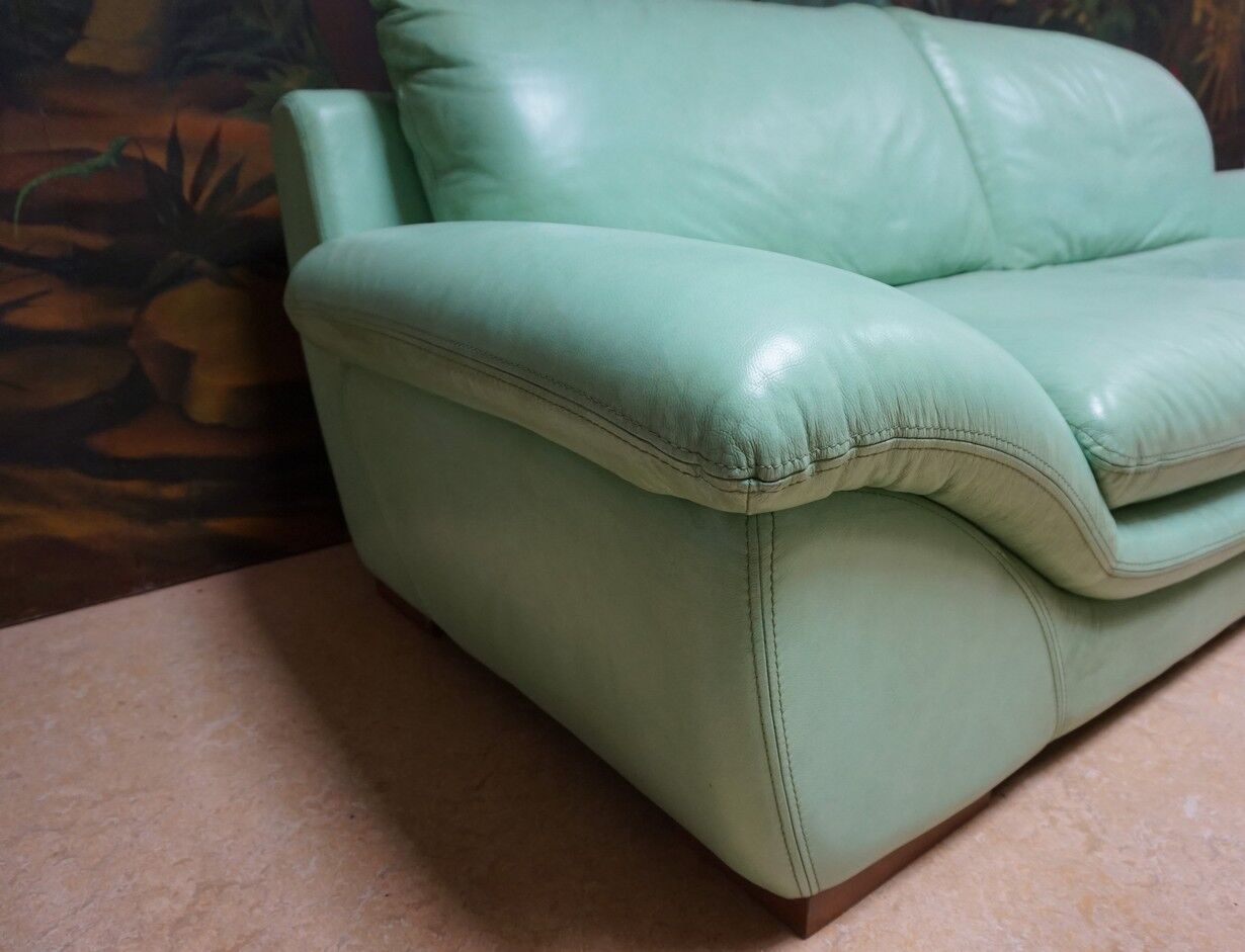 Vintage mint green leather sofa, 3-seater, 1970s