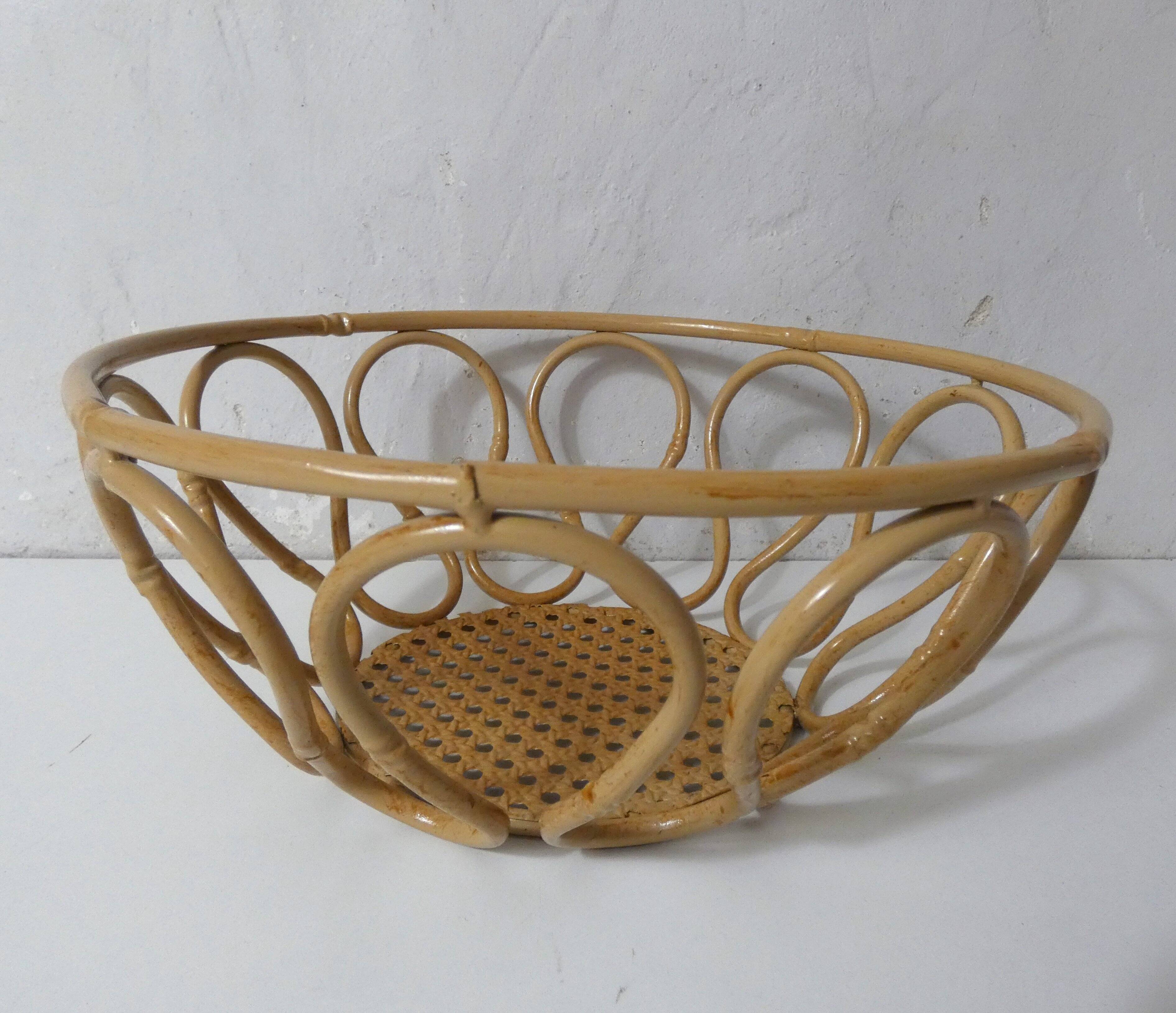 metal fruit bowl in imitation rattan and caning vintage design