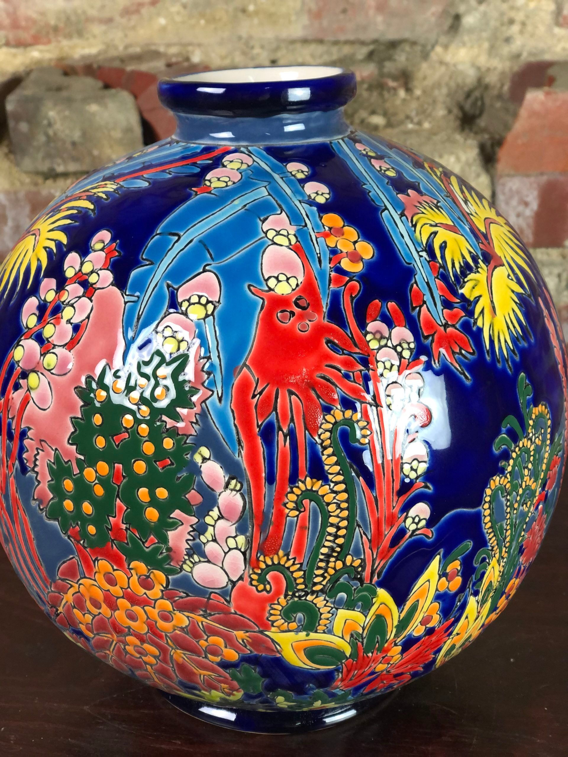 Art Deco style ball vase in glazed earthenware Jungle decoration Diameter 25 cm