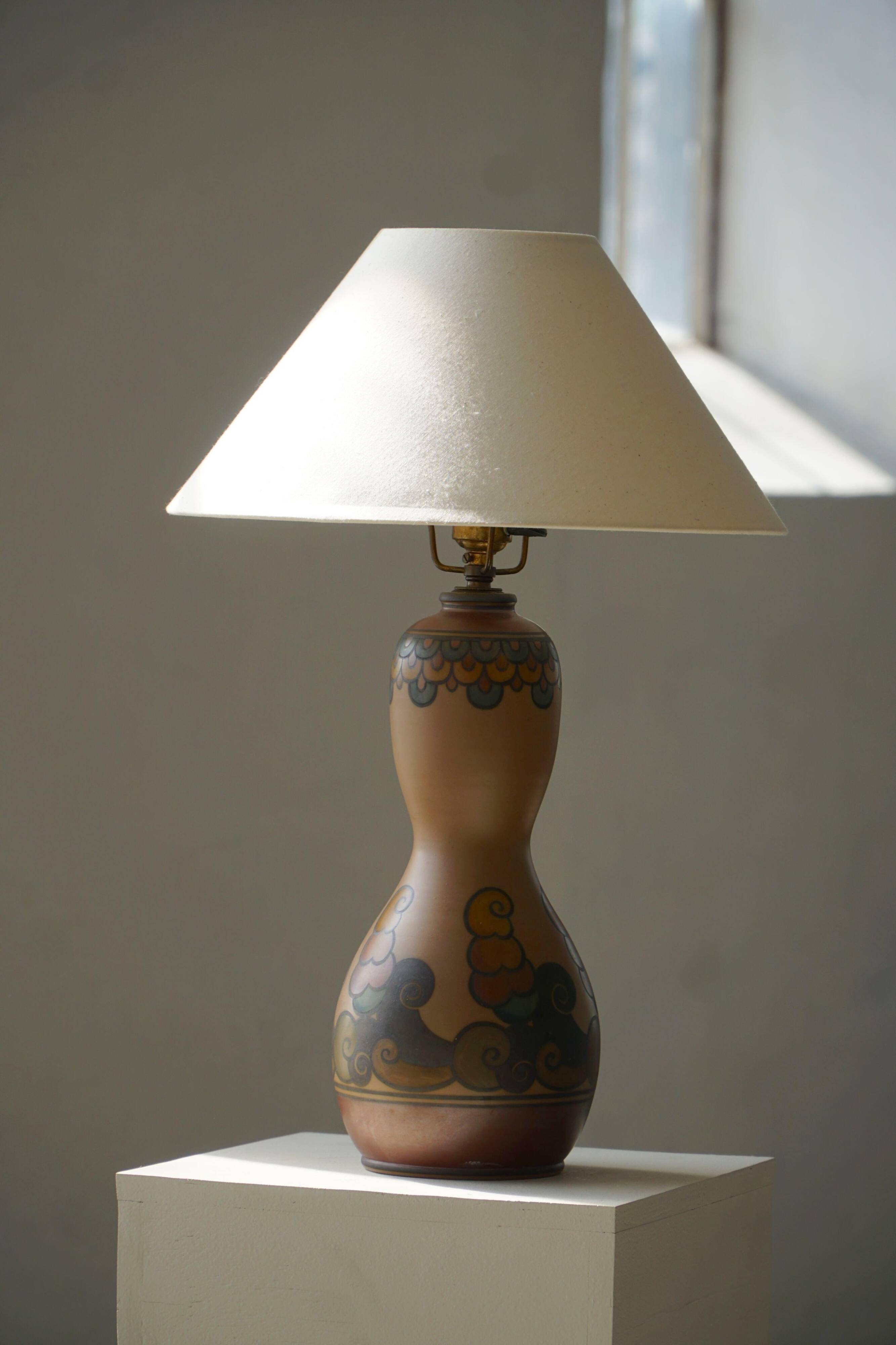 Terracotta table lamp, Art Nouveau, L. Hjorth, Bornholm, Denmark, 1930s