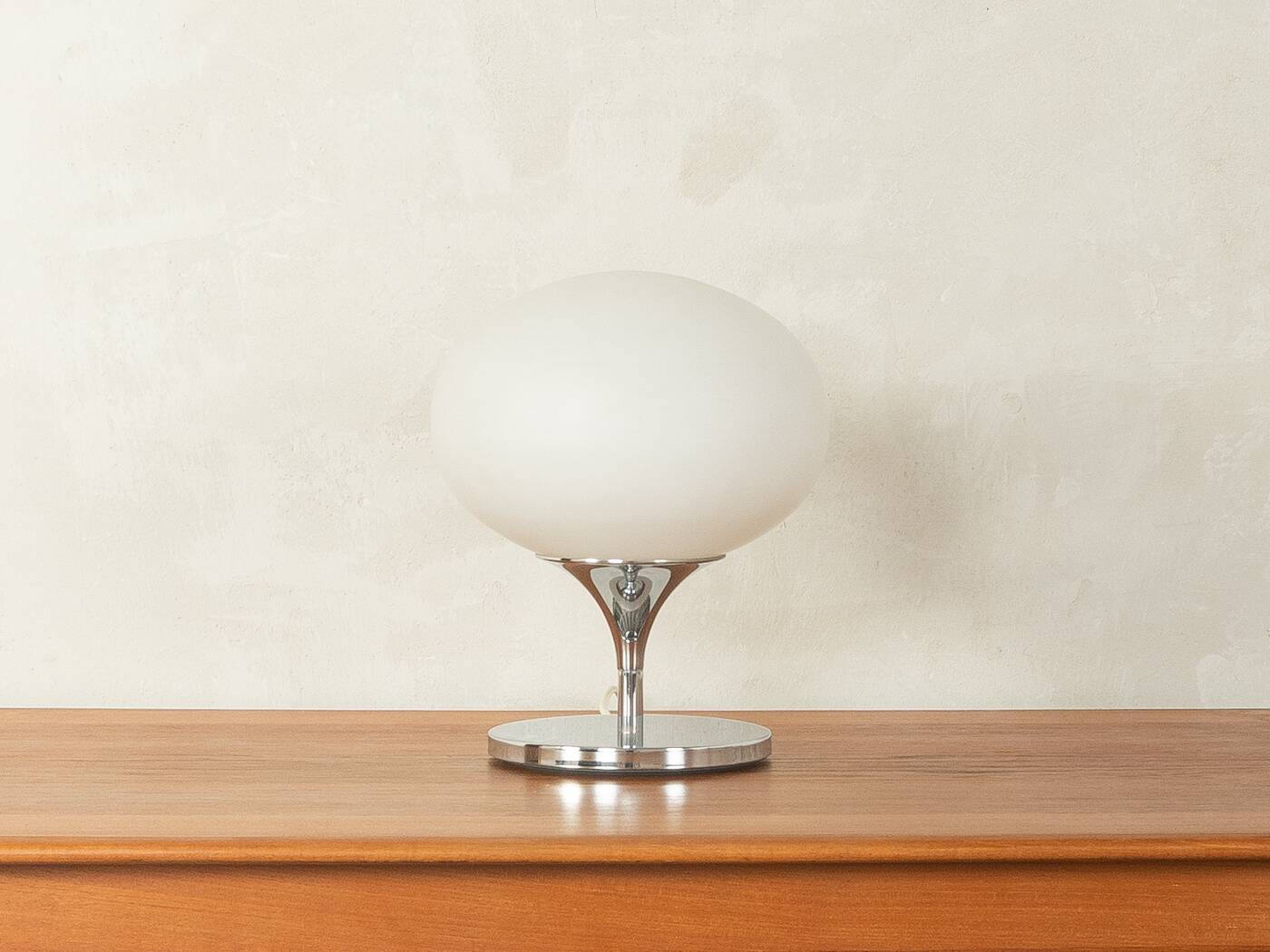 Kaiser Leuchten table lamp, 1970s, space age design, chrome and opal glass