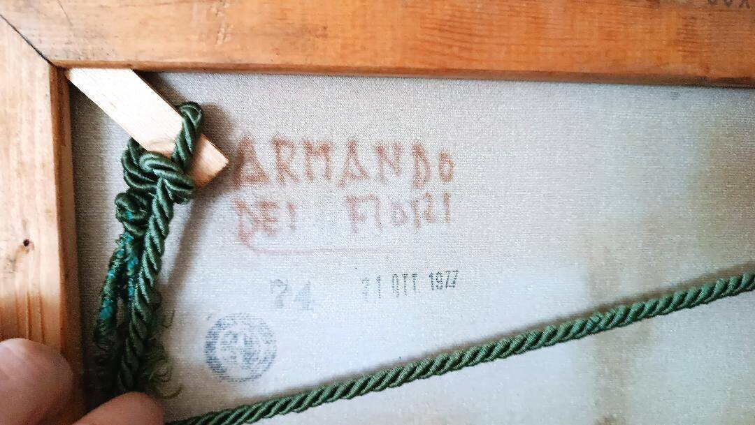 Oil painting on canvas vase with flowers 1970 signed Armandoi of flowers