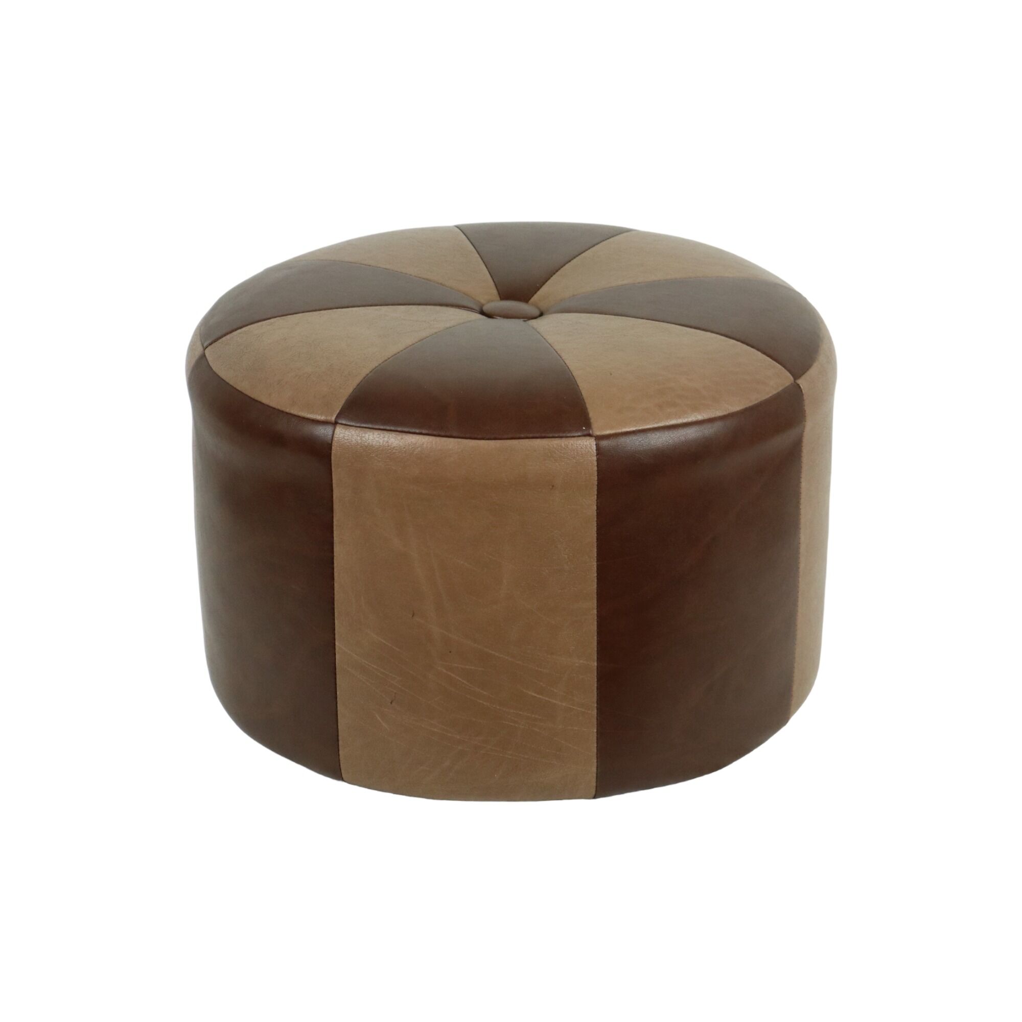 Vintage round pouf skai leather wood footstool brown pattern 44cm