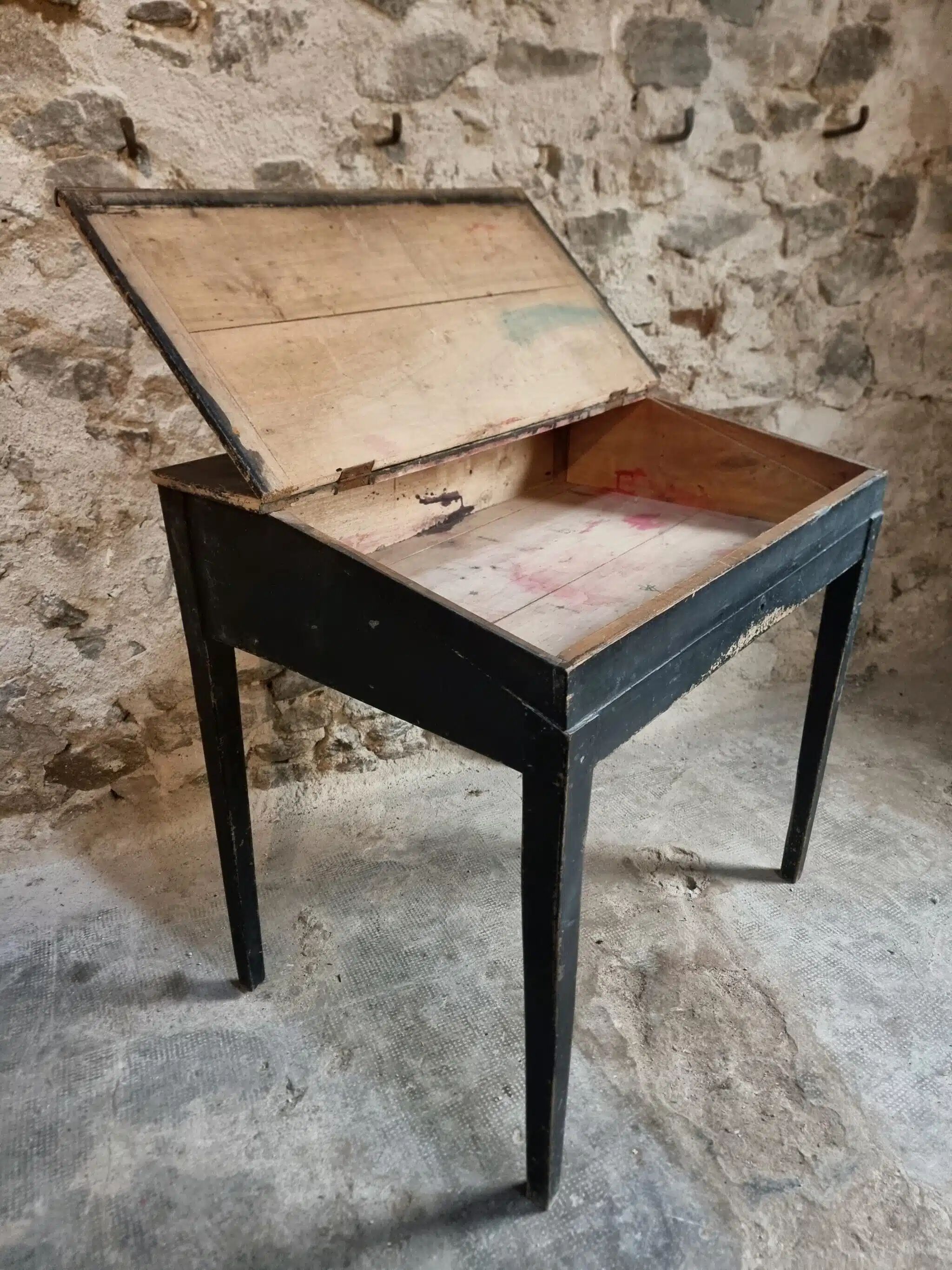 Bureau d'école français ancien, bureau d'écriture noir, bureau à abattant, vers 1900