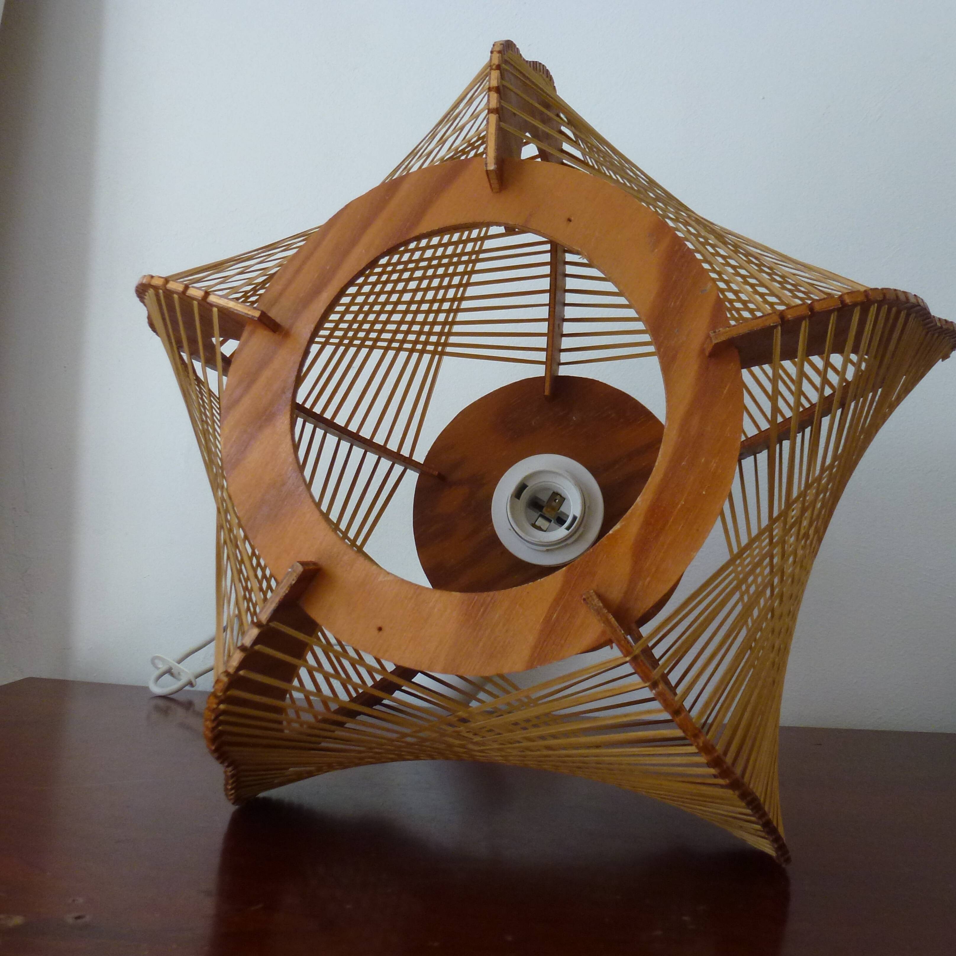 Vintage Scandinavian Pendant Lamp in Wood and Stretched Wires 1960s