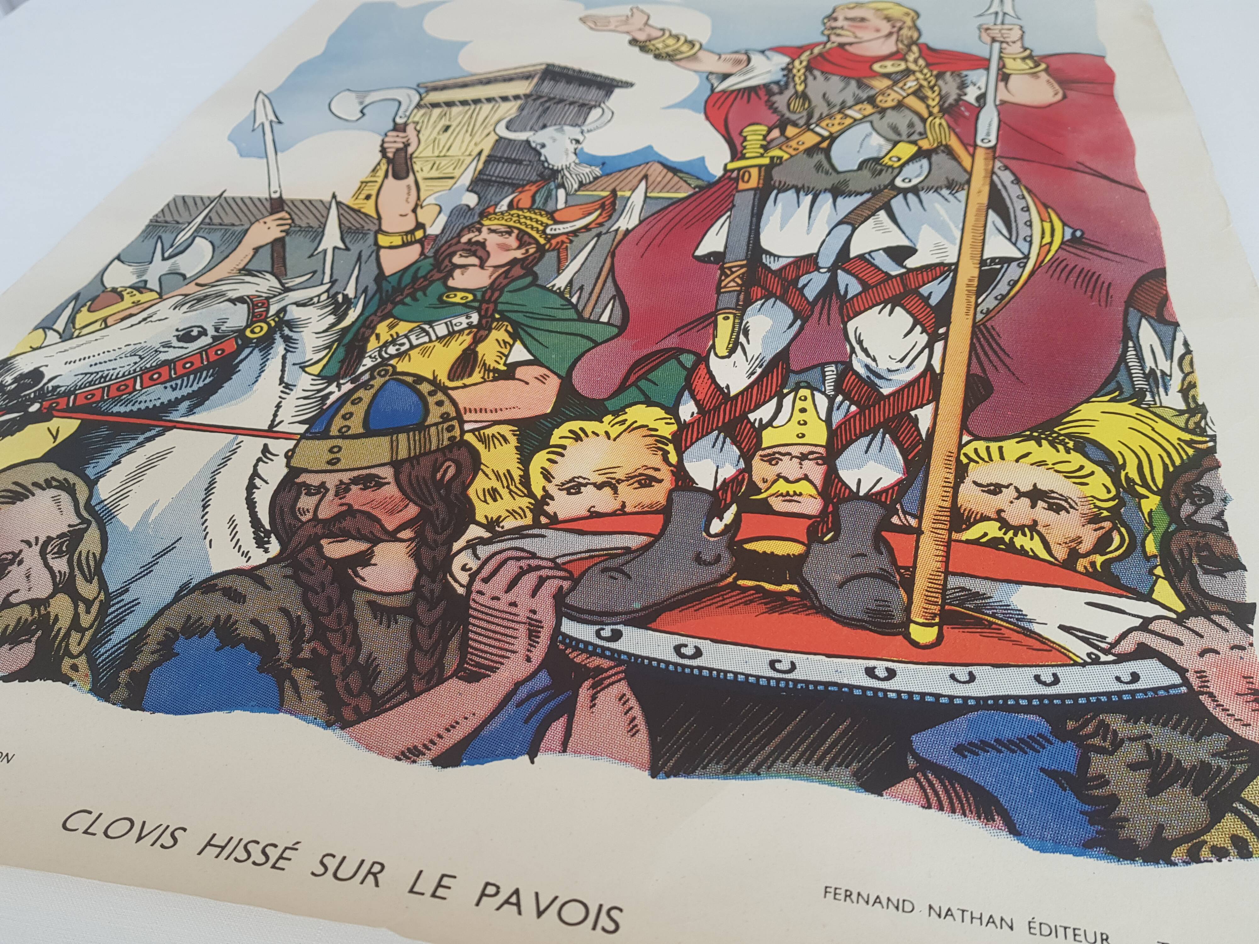 Clovis hoisted on the bulwark, educational poster edited by "Fernand Nathan Publisher", 50-60 years