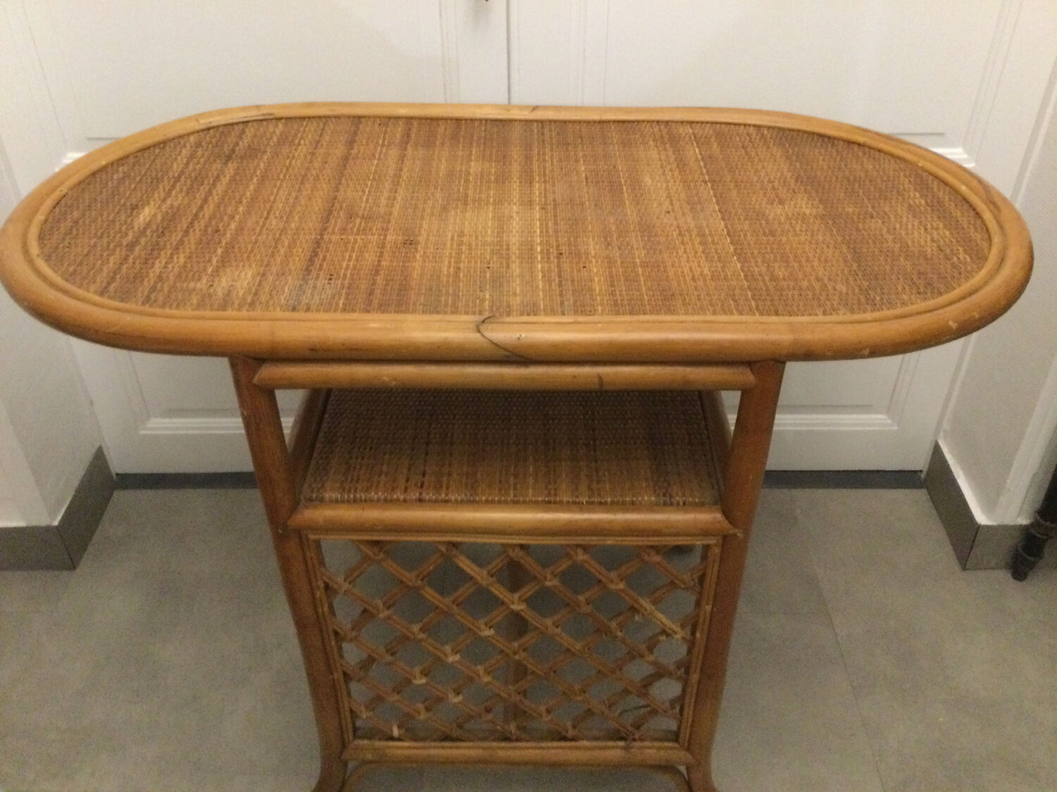 Table and 2 armchairs set in rattan and wicker, 70s/80s