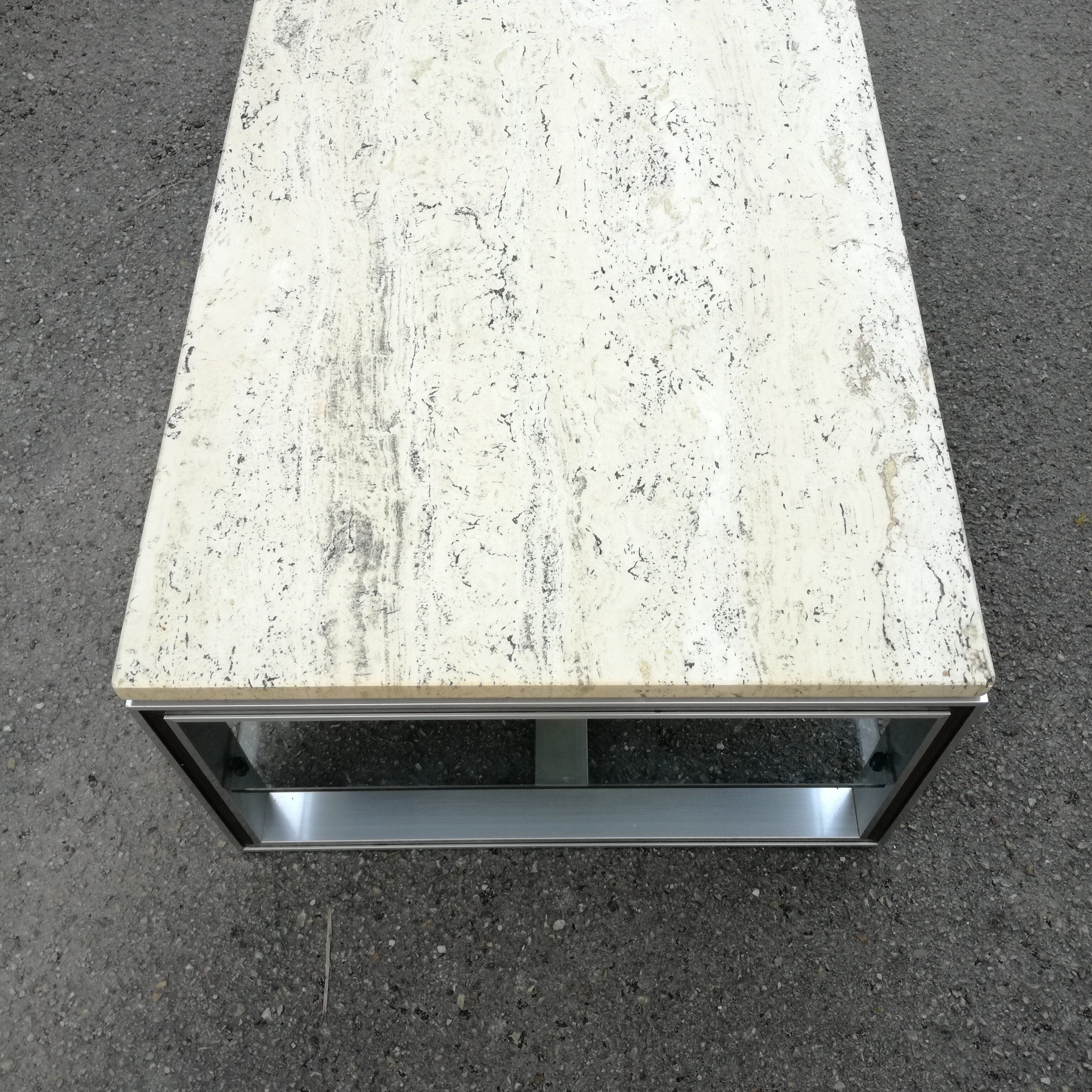 Rectangular coffee table in travertine, glass and aluminium L120