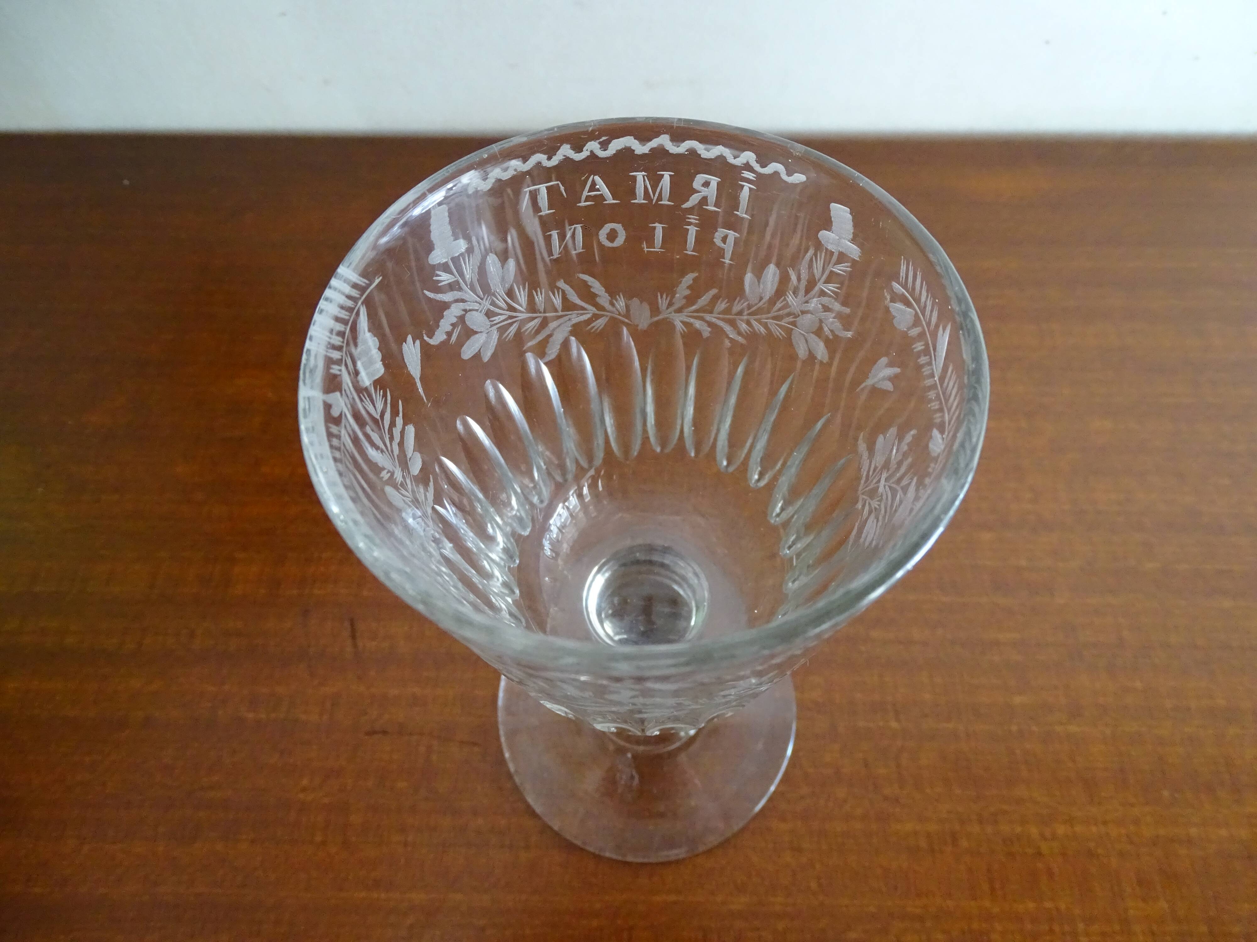 Old foot glass XIXth blown glass engraved flowers