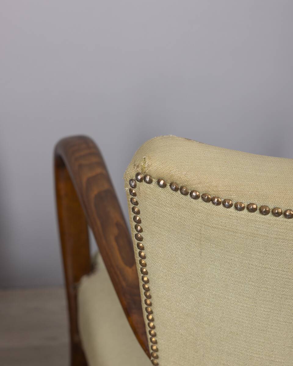PAIR OF VINTAGE 1940S ARMCHAIRS IN WOOD AND FABRIC, ITALIAN DESIGN