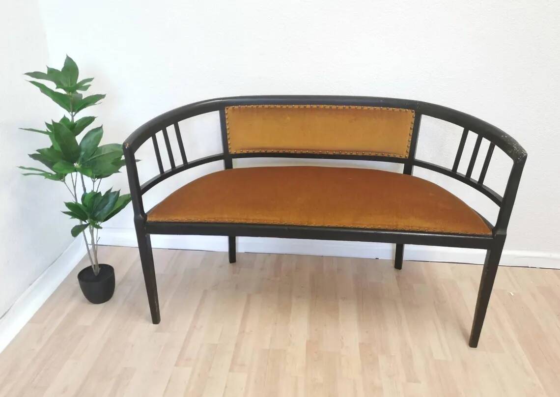 Banc Art Nouveau vintage en bois courbé : assise rembourrée des années 1950